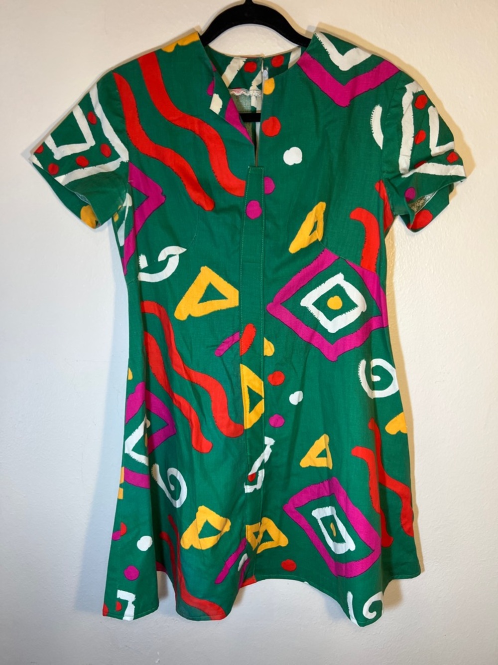 Vintage 80s Handmade Colorful Green Abstract Print Short Sleeve Mini Dress M
